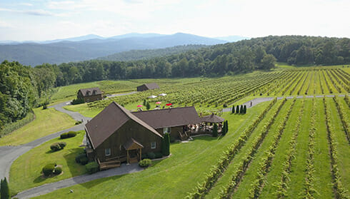 Fox Meadow Winery - Fauquier Wine aerial view of winery, vineyards, and rolling mountains